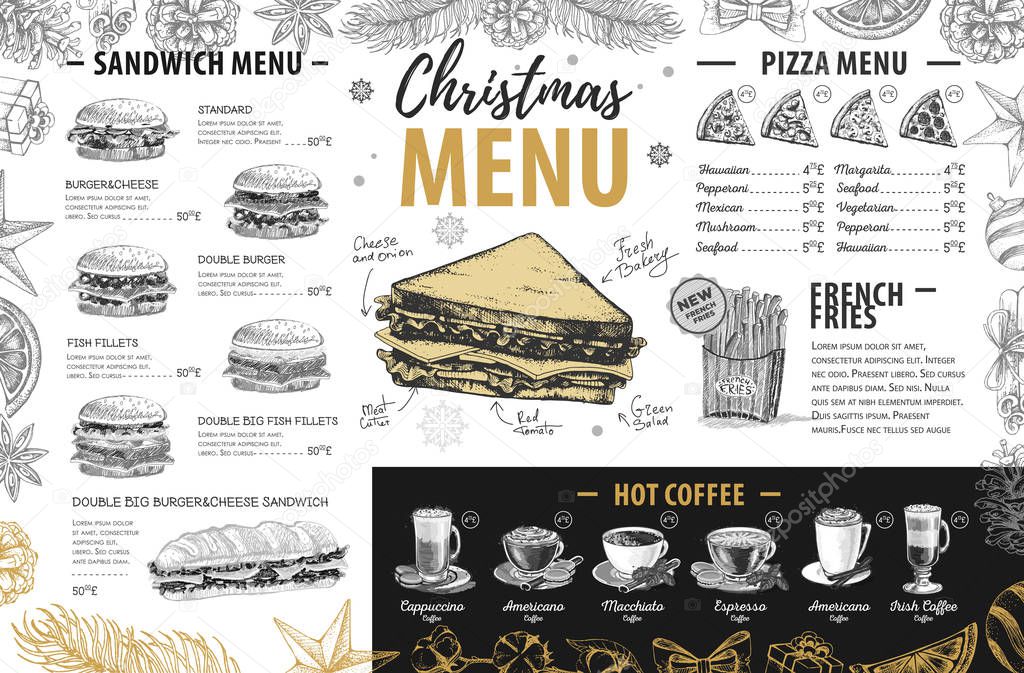 Hand drawing Christmas holiday menu design. Restaurant menu