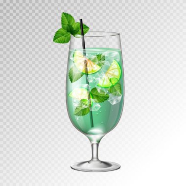 Gerçekçi kokteyl mojito cam vektör çizim şeffaf arka plan üzerinde