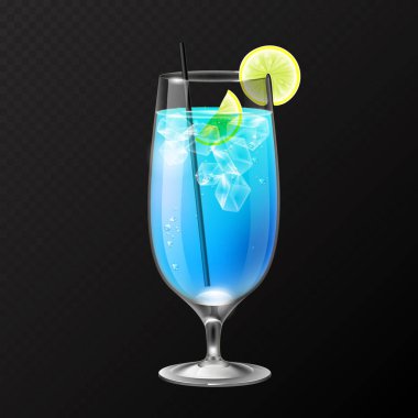 Gerçekçi kokteyl mavi lagün cam vektör çizim şeffaf arka plan üzerinde