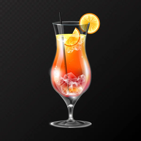 Realistic Cocktail Tequila Sunrise Glass Vector Illustration Transparent Background — Stock Vector