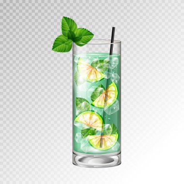 Gerçekçi kokteyl mojito cam vektör çizim şeffaf arka plan üzerinde