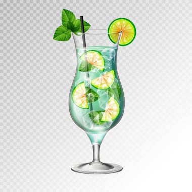 Gerçekçi kokteyl mojito cam vektör çizim şeffaf arka plan üzerinde