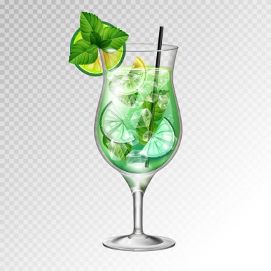 Gerçekçi kokteyl mojito cam vektör çizim şeffaf arka plan üzerinde