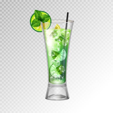 Gerçekçi kokteyl mojito cam vektör çizim şeffaf arka plan üzerinde