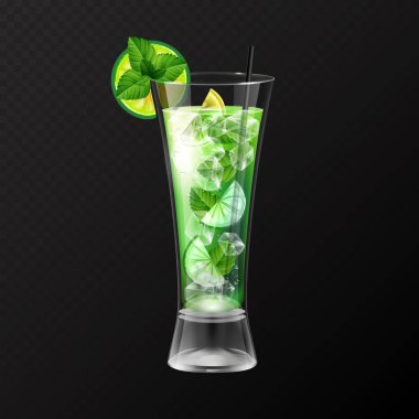 Gerçekçi kokteyl mojito cam vektör çizim şeffaf arka plan üzerinde