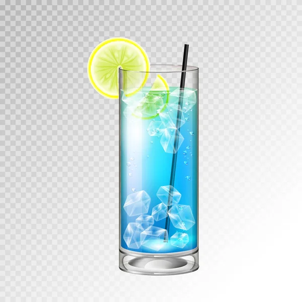 Realistic Cocktail Blue Lagoon Glass Vector Illustration Transparent Background — Stock Vector