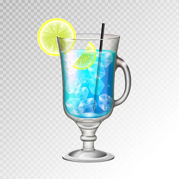 Realistic Cocktail Blue Lagoon Glass Vector Illustration Transparent Background — Stock Vector
