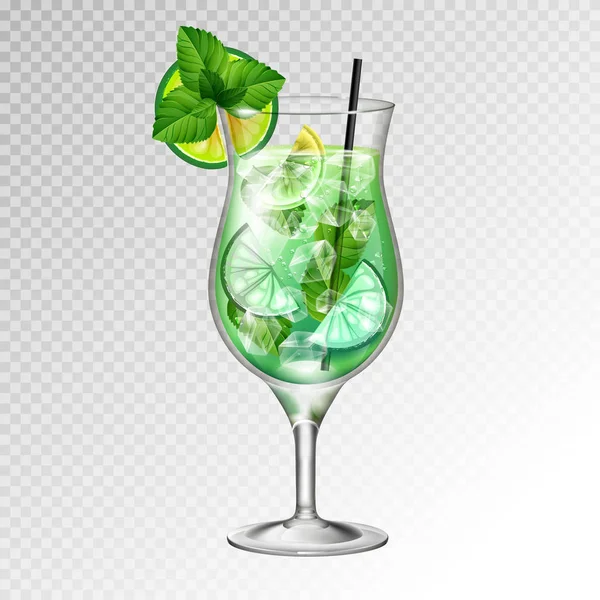 Realistic Cocktail Mojito Glass Vector Illustration Transparent Background — Stock Vector
