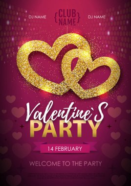 Mutlu sevgililer günü disko parti poster. Altın ışıltı aşk kalp simgesi