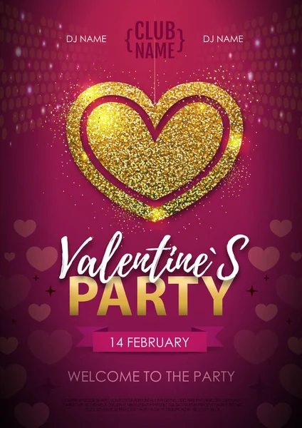 Šťastný Valentines Den Diskotéku Plakát Symbol Srdce Lásce Zlaté Sparkle — Stockový vektor