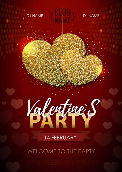 Happy Valentines Day Disco Party Plakat Złoty Blask Miłości Serce — Wektor stockowy