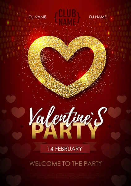 Happy Valentines Day Disco Party Plakat Złoty Blask Miłości Serce — Wektor stockowy