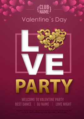 Mutlu sevgililer günü disko parti tipografi poster aşk kalp ile