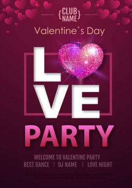 Mutlu sevgililer günü disko parti tipografi poster aşk kalp ile