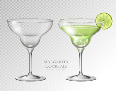 Gerçekçi kokteyl margarita vektör çizim şeffaf arka plan üzerinde. Dolu ve boş cam