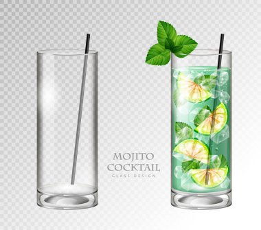 Gerçekçi kokteyl mojito vektör çizim şeffaf arka plan üzerinde. Dolu ve boş cam