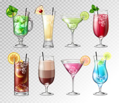 Saydam arka plan üzerinde gerçekçi kokteyller kümesi. Vektör çizim