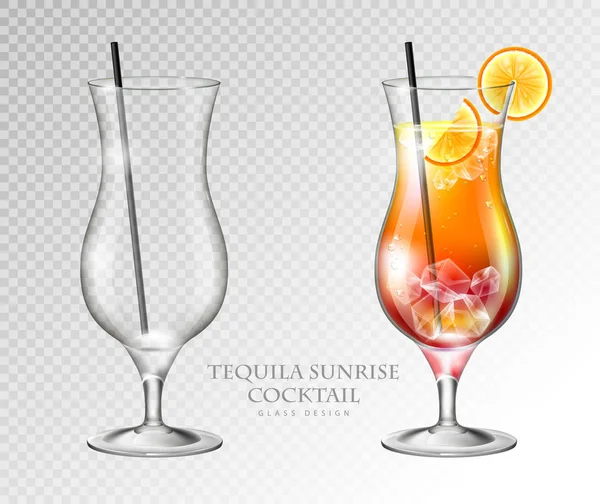 Realistické Koktejl Tequila Sunrise Vektorové Ilustrace Průhledném Pozadí Plné Prázdné — Stockový vektor