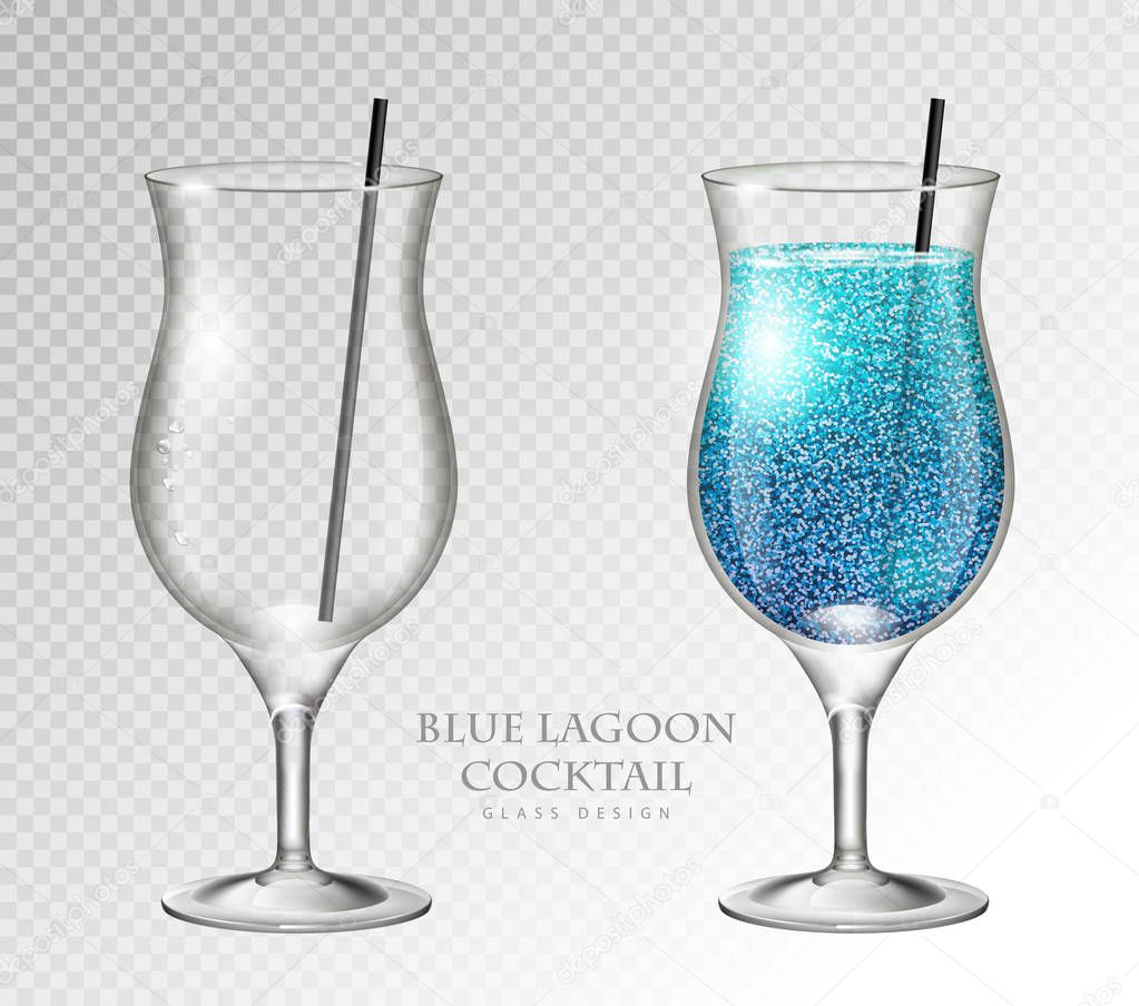 Realistic cocktail blue lagoon vector illustration on transparent background. Full and empty glass