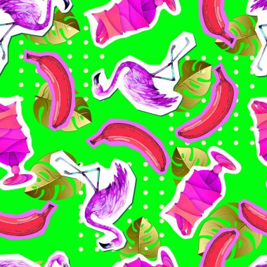 Yaz flamingo ve kokteyl ile seamless parlak modeli. Zine kültür stil yaz arka plan