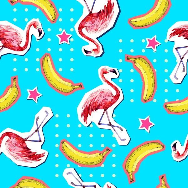 Verão Sem Costura Padrão Brilhante Com Flamingo Banana Zine Cultura — Vetor de Stock