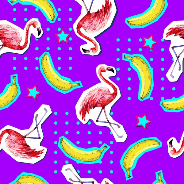 Летний Безмордый Яркий Узор Фламинго Бананом Летний Фон Стиле Zine — стоковый вектор
