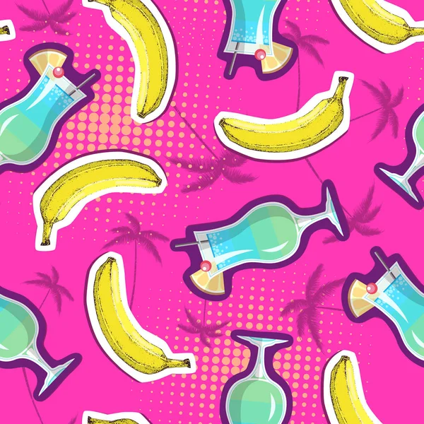 夏季无缝明亮的图案与香蕉和鸡尾酒 Zine 文化风格夏天背景 — 图库矢量图片