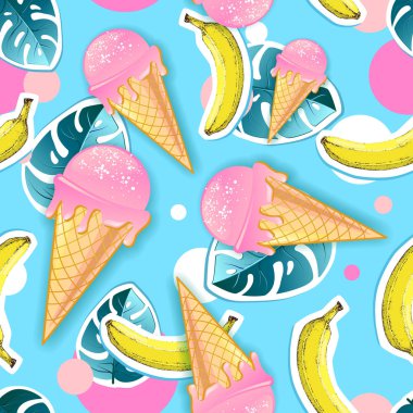 Dondurma ve tropik yapraklar yaz Dikişsiz parlak desen. Zine kültür stil yaz arka plan