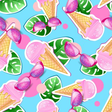 Dondurma ve tropik yapraklar yaz Dikişsiz parlak desen. Zine kültür stil yaz arka plan