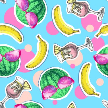 Yaz karpuz ve kokteyl ile seamless parlak modeli. Zine kültür stil yaz arka plan