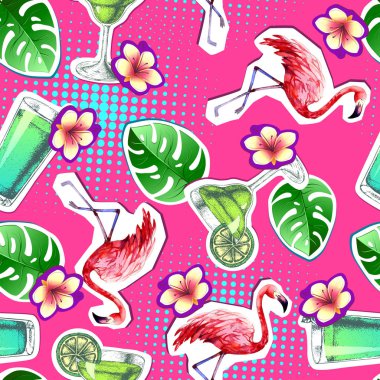 Yaz flamingo ve kokteyl ile seamless parlak modeli. Zine kültür stil yaz arka plan