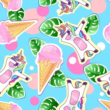 Yaz Dikişsiz desen tek boynuzlu at ve dondurma ile. Zine kültür stil yaz arka plan