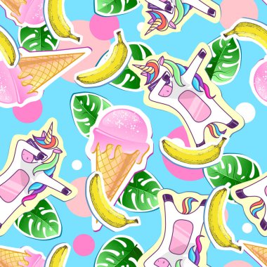 Yaz Dikişsiz desen tek boynuzlu at ve dondurma ile. Zine kültür stil yaz arka plan