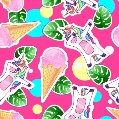 Yaz Dikişsiz desen tek boynuzlu at ve dondurma ile. Zine kültür stil yaz arka plan
