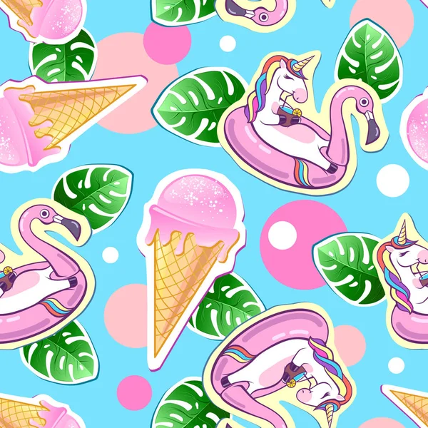 Summer Seamless Pattern Unicorn Ice Cream Zine Culture Style Summer — Stock Vector