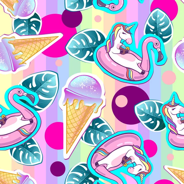 Summer Seamless Pattern Unicorn Ice Cream Zine Culture Style Summer — Stock Vector