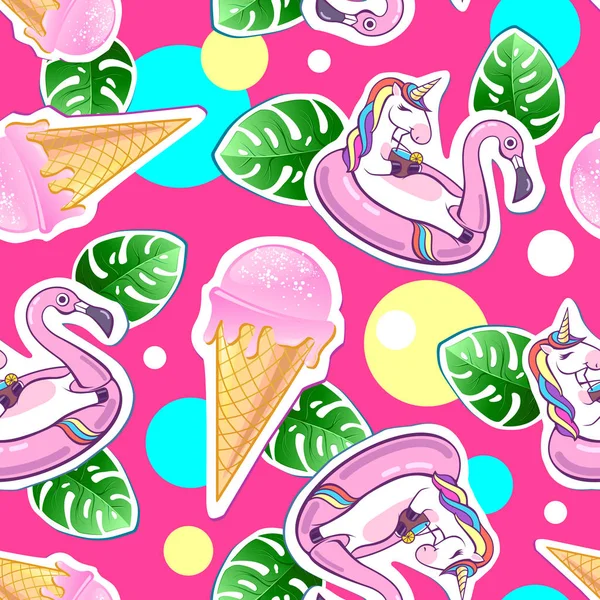 Summer Seamless Pattern Unicorn Ice Cream Zine Culture Style Summer — Stock Vector