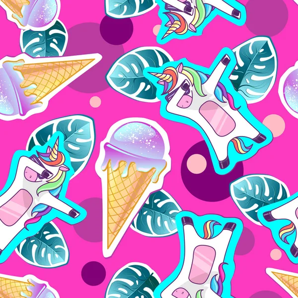 Summer Seamless Pattern Unicorn Ice Cream Zine Culture Style Summer — Stock Vector