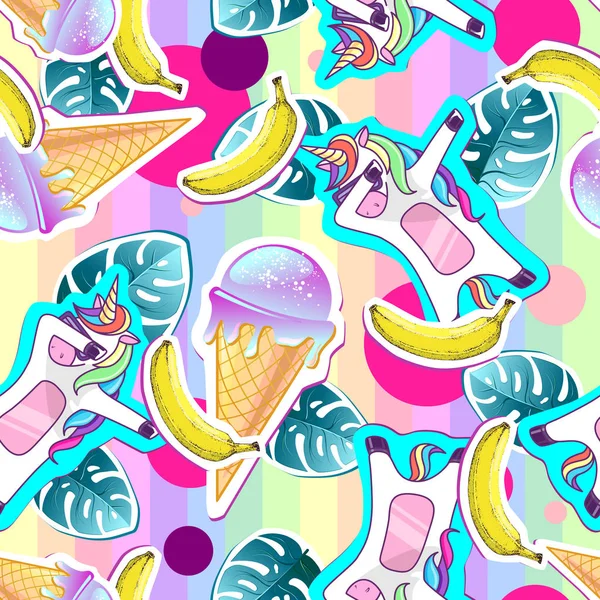 夏季无缝模式与独角兽和冰淇淋 Zine 文化风格夏天背景 — 图库矢量图片