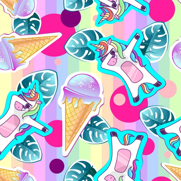 Summer Seamless Pattern Unicorn Ice Cream Zine Culture Style Summer — Stock Vector