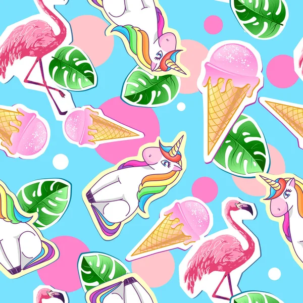 Summer Seamless Pattern Unicorn Flamingo Zine Culture Style Summer Background — Stock Vector