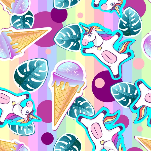 Summer Seamless Pattern Unicorn Ice Cream Zine Culture Style Summer — Stock Vector