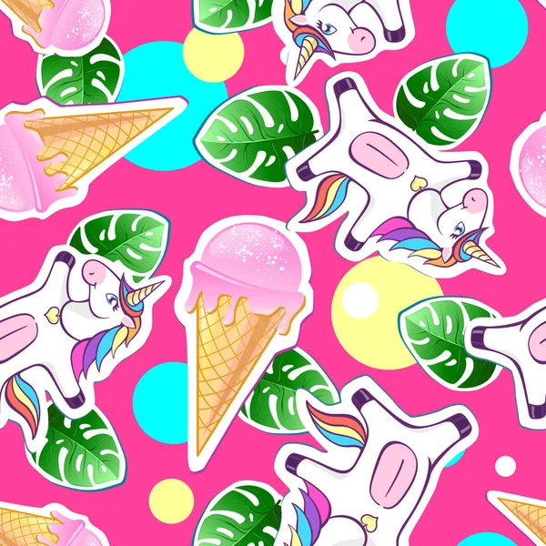 Summer Seamless Pattern Unicorn Ice Cream Zine Culture Style Summer — Stock Vector