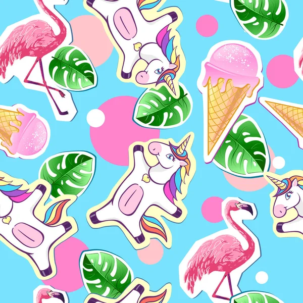 Summer Seamless Pattern Unicorn Flamingo Zine Culture Style Summer Background — Stock Vector