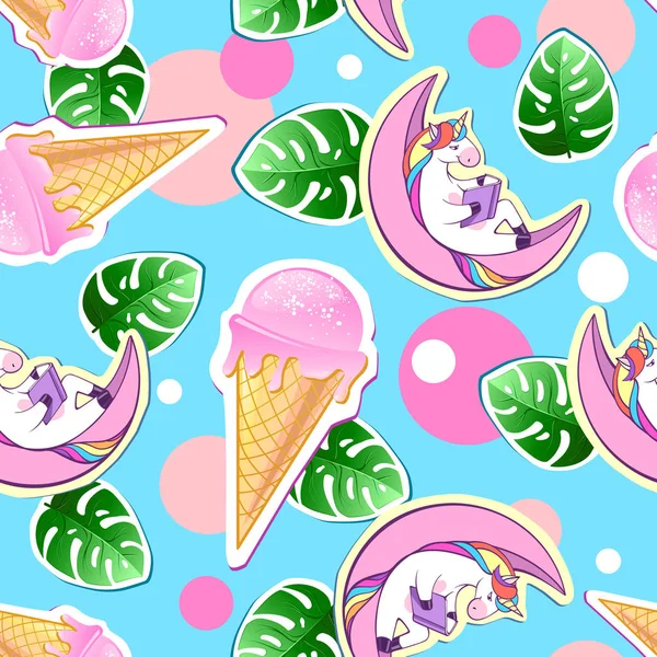 ユニコーンとアイスクリームのシームレスなパターン ミニコミ文化スタイル夏の背景 — ストックベクタ