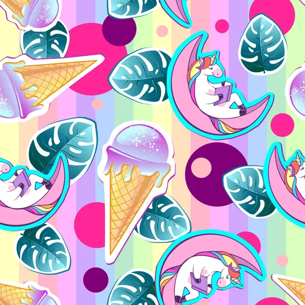 Summer Seamless Pattern Unicorn Ice Cream Zine Culture Style Summer — Stock Vector