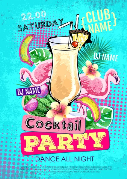 Summer Cocktail Party Disco Poster Design Zine Cutlure Style — Stock Vector