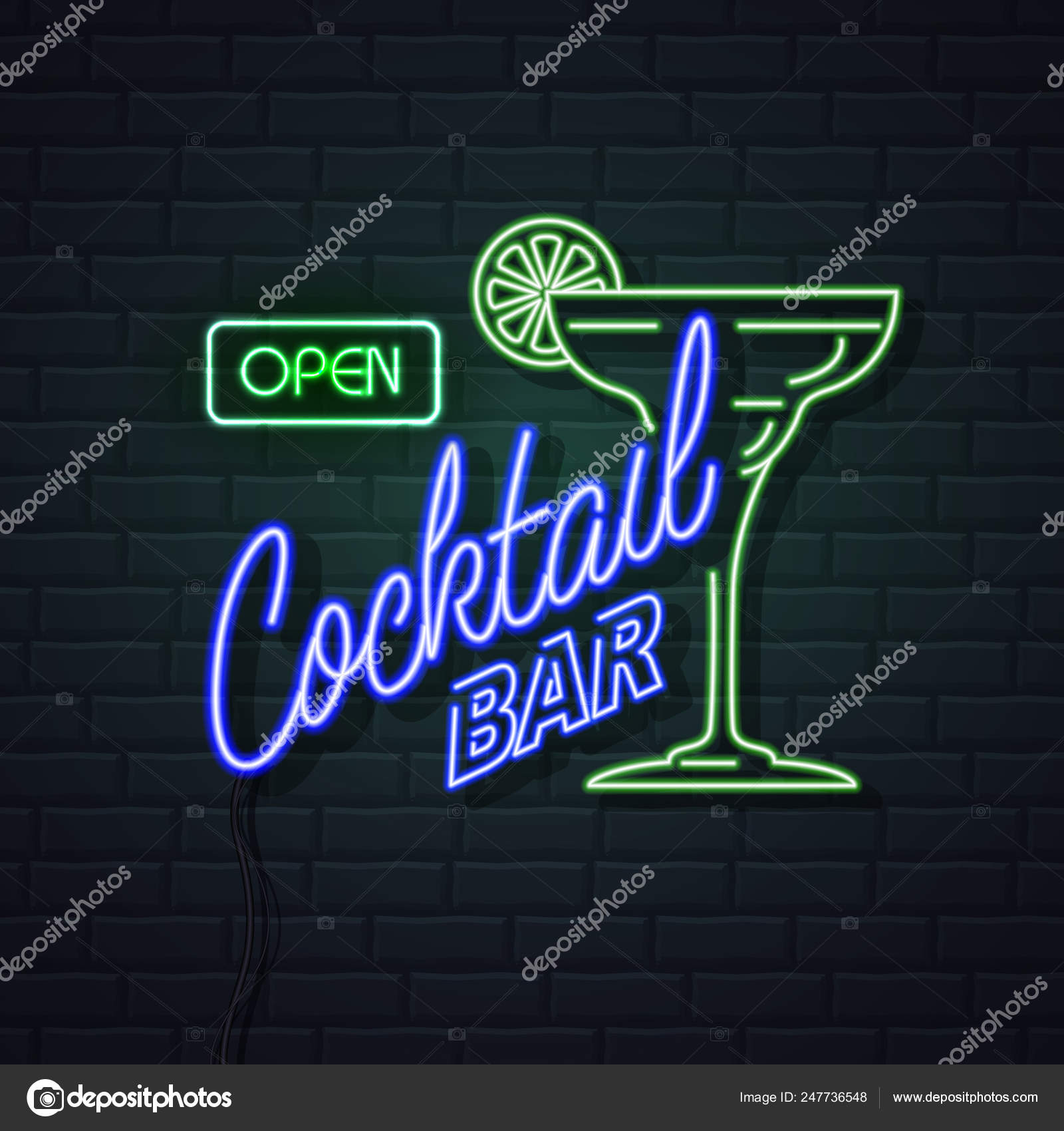 Neon sign cocktail bar on brick wall background. Vintage electri Stock