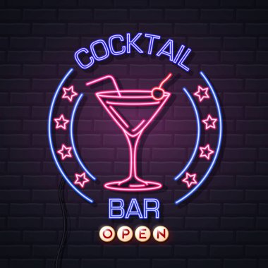 Neon işareti tuğla duvar arka plan kokteyl bar. Vintage electri