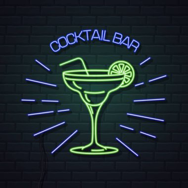 Neon işareti tuğla duvar arka plan kokteyl bar. Vintage electri